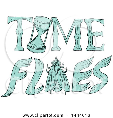 Clipart of a Sketched Time Flies Design with a Bug and Hourglass - Royalty Free Vector Illustration by patrimonio