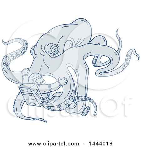 Clipart of a Sketched Giant Octopus Attacking an Astronaut - Royalty Free Vector Illustration by patrimonio