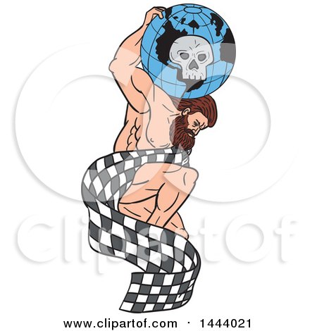 Clipart of a Sketched Man, Atlas, Kneeling with a Globe and Skull on His Back, with a Checkered Flag - Royalty Free Vector Illustration by patrimonio