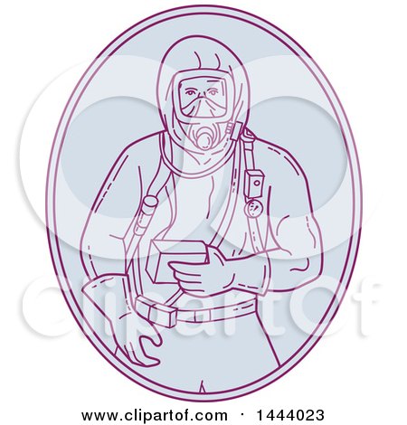Clipart of a Mono Line Style Worker in a Haz Chem Suit Within an Oval - Royalty Free Vector Illustration by patrimonio