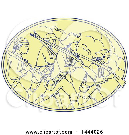 Clipart of a Mono Line Style Scene of American Revolutionary Soldiers Marching with Rifles in an Oval - Royalty Free Vector Illustration by patrimonio