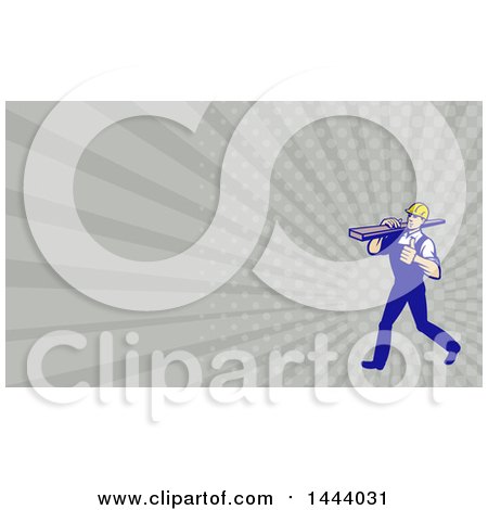 Clipart of a Retro Walking Carpenter Worker Holding a Thumb up and Carrying Lumber on His Shoulder and Rays Background or Business Card Design - Royalty Free Illustration by patrimonio