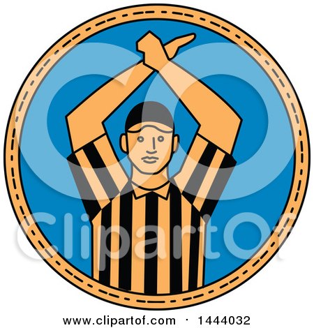 Clipart of a Mono Line Style American Football Umpire Doing a Personal Foul Hand Signal in a Circle - Royalty Free Vector Illustration by patrimonio