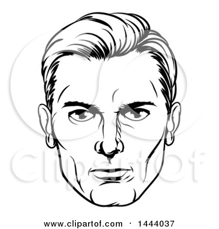 Clipart of a Comic Styled Black and White Mans Face - Royalty Free Vector Illustration by AtStockIllustration