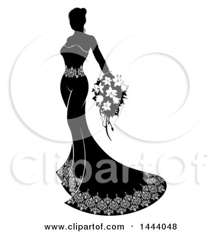 Clipart of a Silhouetted Black and White Bride in Her Gown, Holding a Bouquet - Royalty Free Vector Illustration by AtStockIllustration