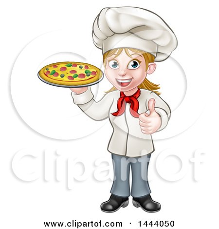 Clipart of a Cartoon Full Length Happy White Female Chef Giving a Thumb up and Holding a Pizza - Royalty Free Vector Illustration by AtStockIllustration