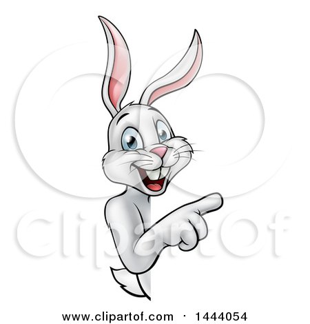 Clipart of a Happy White Bunny Rabbit Pointing Around a Sign - Royalty Free Vector Illustration by AtStockIllustration
