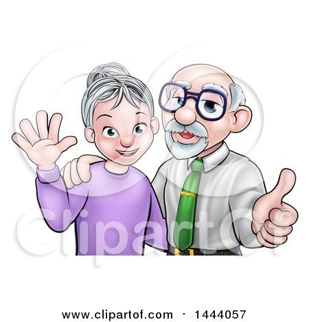Clipart of a Cartoon Happy Caucasian Senior Couple Waving and Giving a Thumb up - Royalty Free Vector Illustration by AtStockIllustration