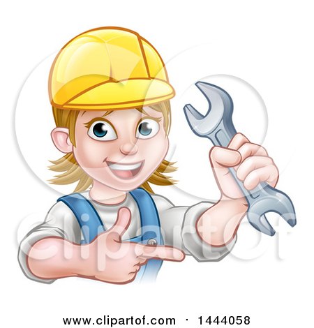 Clipart of a Cartoon Happy White Female Mechanic Wearing a Hard Hat, Holding up a Wrench and Pointing - Royalty Free Vector Illustration by AtStockIllustration