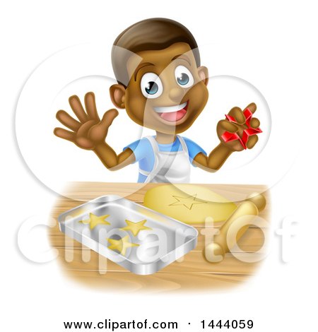 Clipart of a Happy Black Boy Making Star Shaped Cookies - Royalty Free Vector Illustration by AtStockIllustration