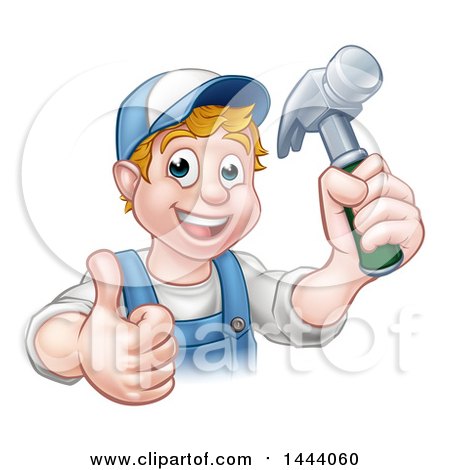 Clipart of a Cartoon Happy White Male Carpenter Holding a Hammer and Giving a Thumb up - Royalty Free Vector Illustration by AtStockIllustration
