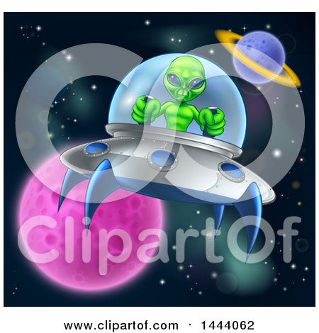 Clipart of a Green Alien Steering a Ufo in Outer Space - Royalty Free Vector Illustration by AtStockIllustration