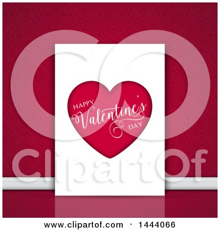 Clipart of a Happy Valentines Day Greeting Card Against a Damask Wall - Royalty Free Vector Illustration by KJ Pargeter