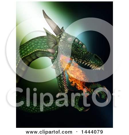 Clipart of a 3d Fire Breating Dragon on Green - Royalty Free Illustration by KJ Pargeter