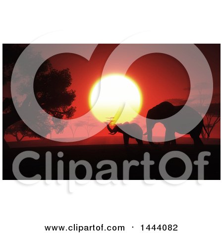 Clipart of a Silhouetted Baby and Mother Elephant Against a 3d African Safari Sunset - Royalty Free Illustration by KJ Pargeter