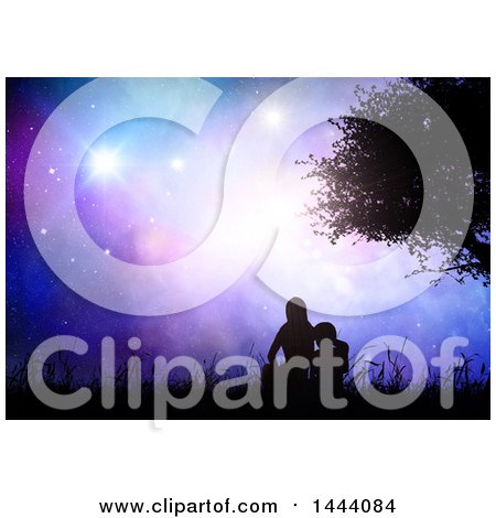 Clipart of a Silhouetted Mother and Child Sitting in Grass and Watching a Night Sky - Royalty Free Illustration by KJ Pargeter