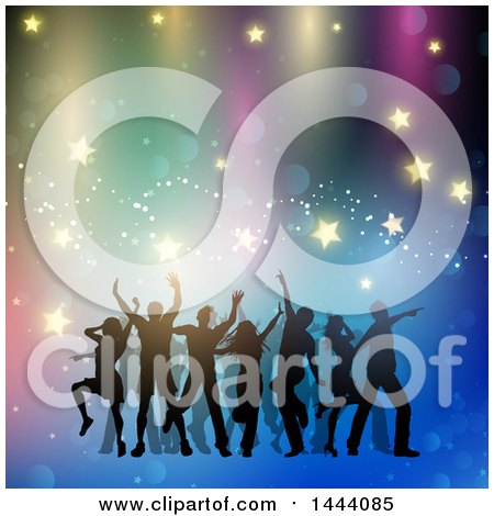 Clipart of a Group of Silhouetted People Dancing over Lights and Stars - Royalty Free Vector Illustration by KJ Pargeter