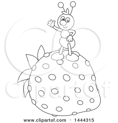 Clipart of a Cartoon Black and White Ant Waving and Standing on a Strawberry - Royalty Free Vector Illustration by Alex Bannykh