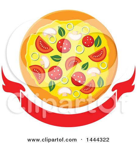 Clipart of a Surpreme Pizza over a Blank Banner - Royalty Free Vector Illustration by Vector Tradition SM