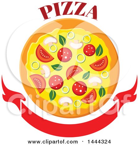 Clipart of a Surpreme Pizza and Text over a Blank Banner - Royalty Free Vector Illustration by Vector Tradition SM