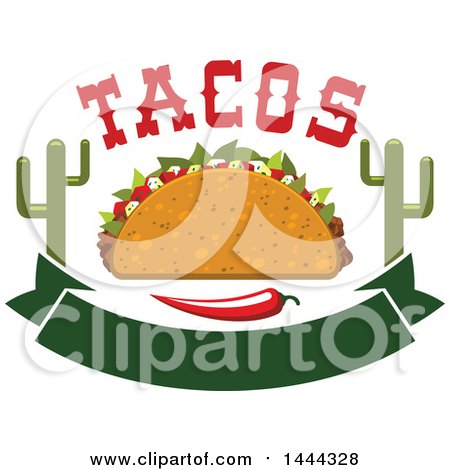 Clipart of a Cruncy Taco with Text, Cactus, Chili Pepper and Banner - Royalty Free Vector Illustration by Vector Tradition SM