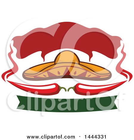 Clipart of a Mexican Sombrero Hat with Chili Peppers, Steam and Banners - Royalty Free Vector Illustration by Vector Tradition SM