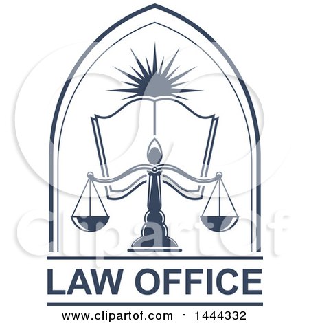 Clipart of a Blue Open Book, Sun and Scales of Justice over Law Office Text - Royalty Free Vector Illustration by Vector Tradition SM