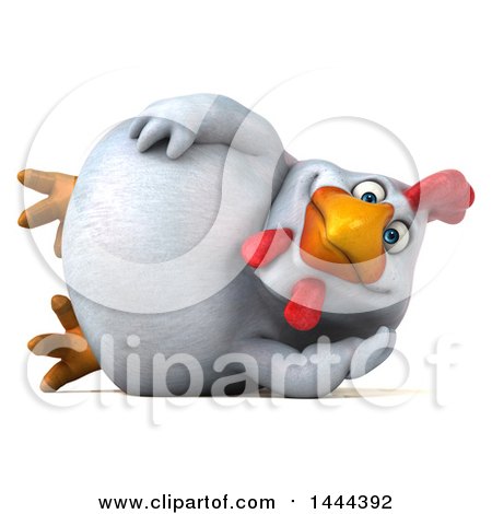 Clipart of a 3d Chubby White Chicken Resting on His Side, on a White Background - Royalty Free Illustration by Julos