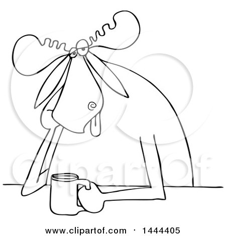 Clipart of a Cartoon Black and White Lineart Depressed Moose Sitting with a Cup of Coffee - Royalty Free Vector Illustration by djart