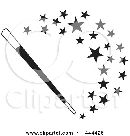Clipart of a Black and White Magic Wand with a Curve of Stars - Royalty Free Vector Illustration by Johnny Sajem