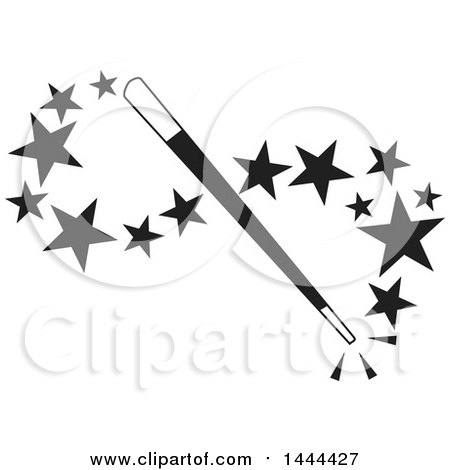 Clipart of a Black and White Magic Wand with a Swish of Stars - Royalty Free Vector Illustration by Johnny Sajem