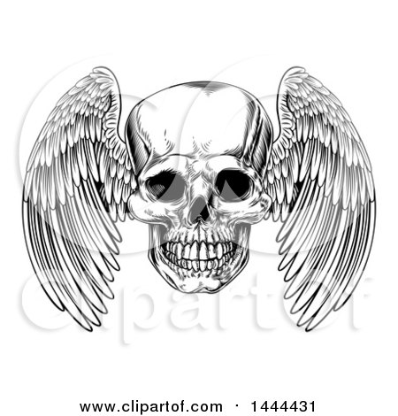Clipart of a Black and White Woodcut Etched or Engraved Winged Human Skull - Royalty Free Vector Illustration by AtStockIllustration