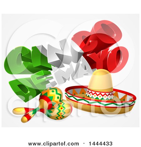 Clipart of a 3d Mexican Flag Colored Happy Cinco De Mayo Text Design with a Sombrero and Maracas - Royalty Free Vector Illustration by AtStockIllustration