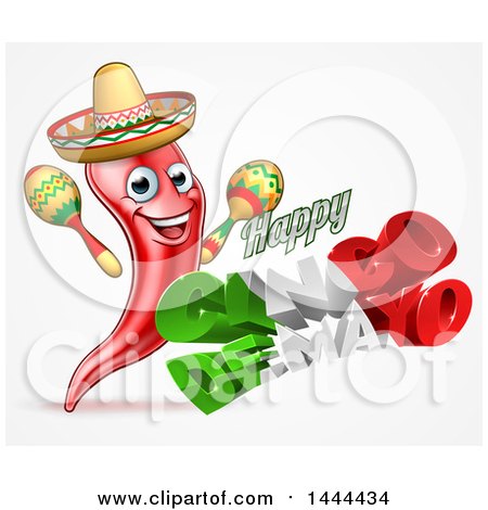 Clipart of a 3d Mexican Flag Colored Happy Cinco De Mayo Text Design with a Chili Pepper Mascot Holding Maracas - Royalty Free Vector Illustration by AtStockIllustration
