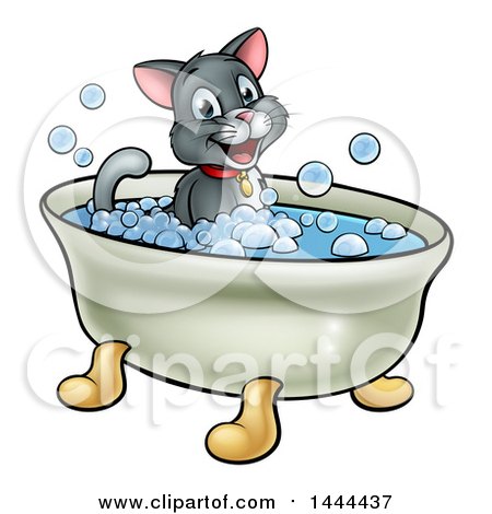 Clipart of a Cartoon Happy Cat Sitting in a Bath Tub - Royalty Free Vector Illustration by AtStockIllustration