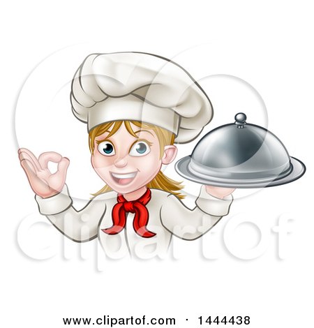 Clipart of a Cartoon Happy White Female Chef Holding a Cloche Platter and Gesturing Ok - Royalty Free Vector Illustration by AtStockIllustration