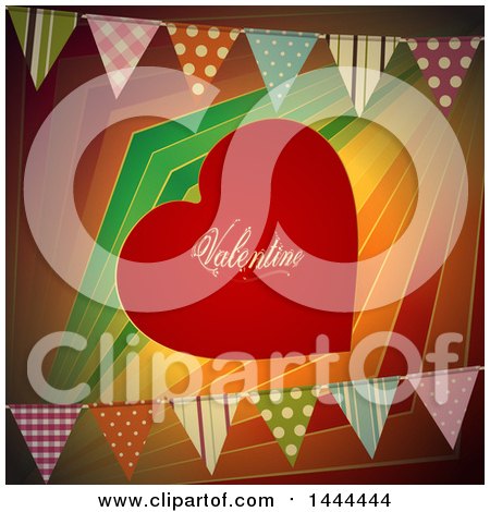 Clipart of a Red Valentine Love Heart over Colorful Stripes, with Party Bunting Banners - Royalty Free Vector Illustration by elaineitalia