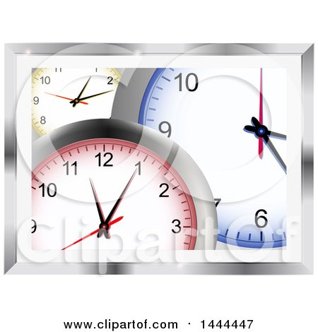 Clipart of a Background of 3d Yellow, Red and Blue Wall Clocks in a Metallic Frame - Royalty Free Vector Illustration by elaineitalia