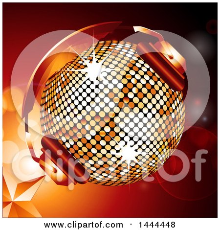 Clipart of a 3d Golden Disco Ball with Headphones over a Star and Flare Background - Royalty Free Vector Illustration by elaineitalia