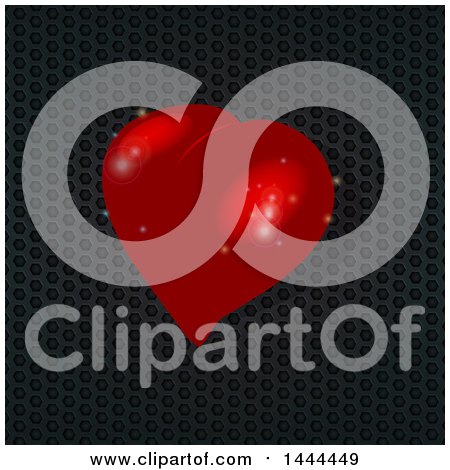 Clipart of a 3d Red Love Heart over Black Honeycomb Metal - Royalty Free Vector Illustration by elaineitalia
