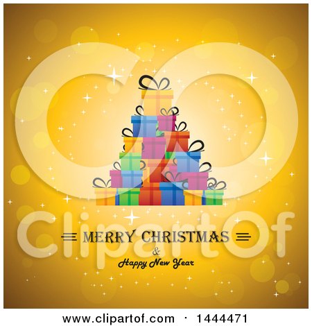 Clipart of a Colorful Stack of Gifts over a Merry Christmas and Happy New Year Text on a Sparkly Golden Background - Royalty Free Vector Illustration by ColorMagic