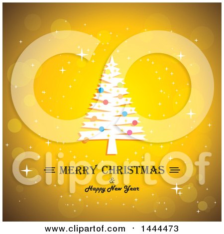Clipart of a Tree and Merry Christmas and Happy New Year Text on a Golden Background - Royalty Free Vector Illustration by ColorMagic