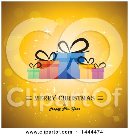 Clipart of a Merry Christmas and Happy New Year Greeting with Gifts on a Golden Background - Royalty Free Vector Illustration by ColorMagic