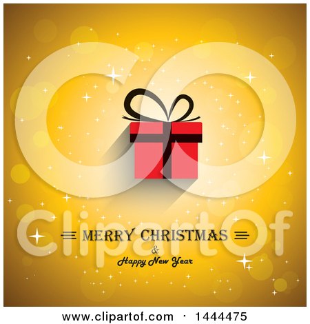 Clipart of a Merry Christmas and Happy New Year Greeting with a Red Gift on a Golden Background - Royalty Free Vector Illustration by ColorMagic