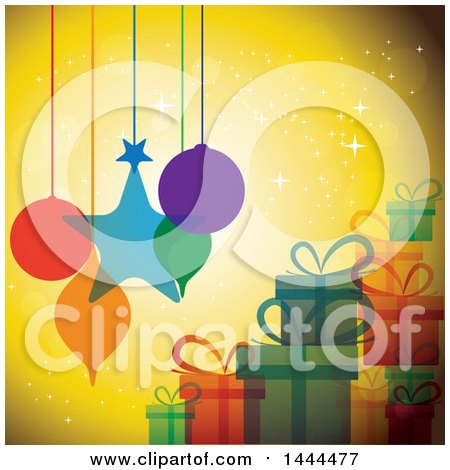 Clipart of Christmas Ornaments Hanging over Gifts - Royalty Free Vector Illustration by ColorMagic