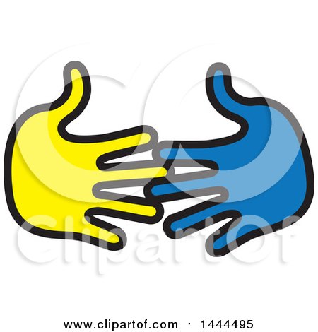 Clipart of Blue and Yellow Hands Reaching for Each Other - Royalty Free Vector Illustration by ColorMagic