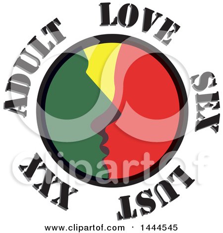 Clipart of a Green and Red Couple Kissing in a Circle, with Adult, Love, Sex, Lust and Xxx - Royalty Free Vector Illustration by ColorMagic
