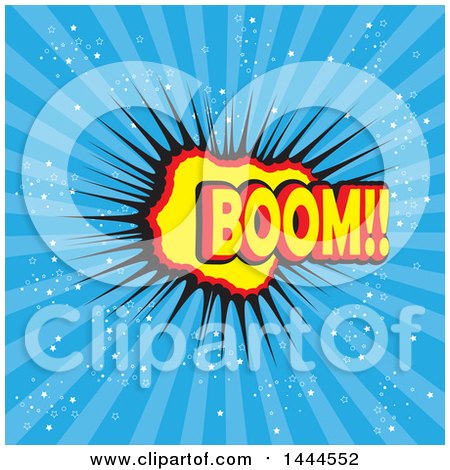 Clipart of a Comic Styled Boom Explosion Balloon over Blue Rays - Royalty Free Vector Illustration by ColorMagic
