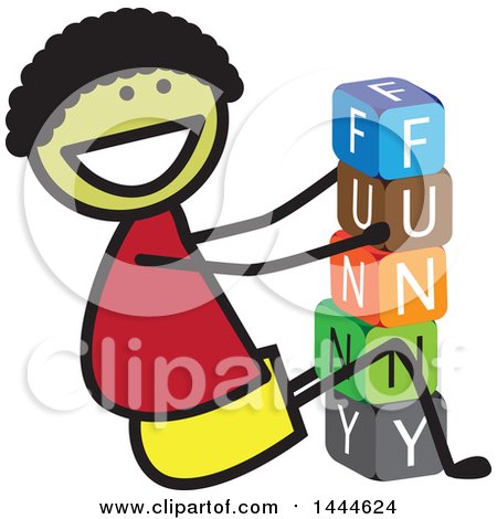 Clipart of a Happy Stick Boy Playing with Letter Blocks and Spelling out Funny - Royalty Free Vector Illustration by ColorMagic