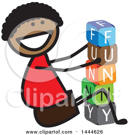 Clipart of a Happy Black Stick Boy Playing with Letter Blocks and Spelling out Funny - Royalty Free Vector Illustration by ColorMagic